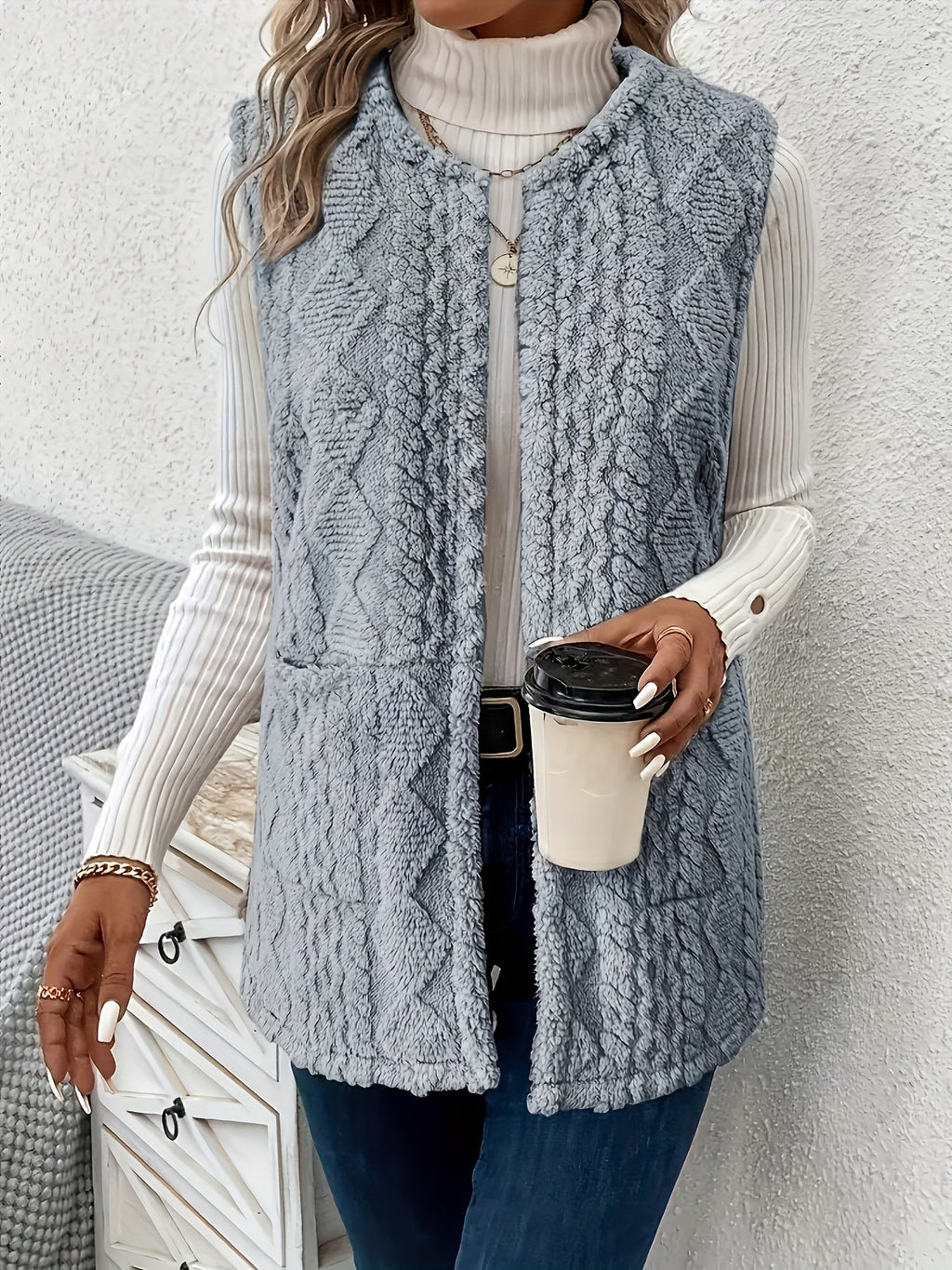 Fleece Vest Women's Sleeveless with Pockets Textured – Casual, Layering, Office, Gift