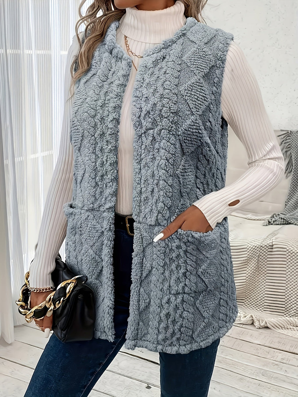 Fleece Vest Women's Sleeveless with Pockets Textured – Casual, Layering, Office, Gift