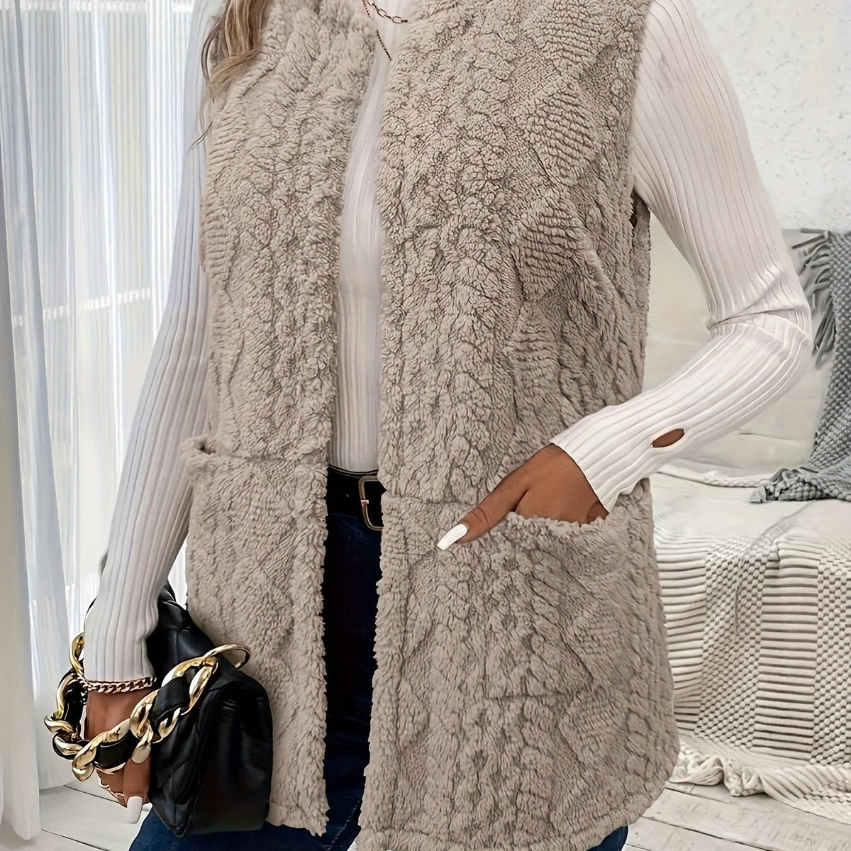 Fleece Vest Women's Sleeveless with Pockets Textured – Casual, Layering, Office, Gift
