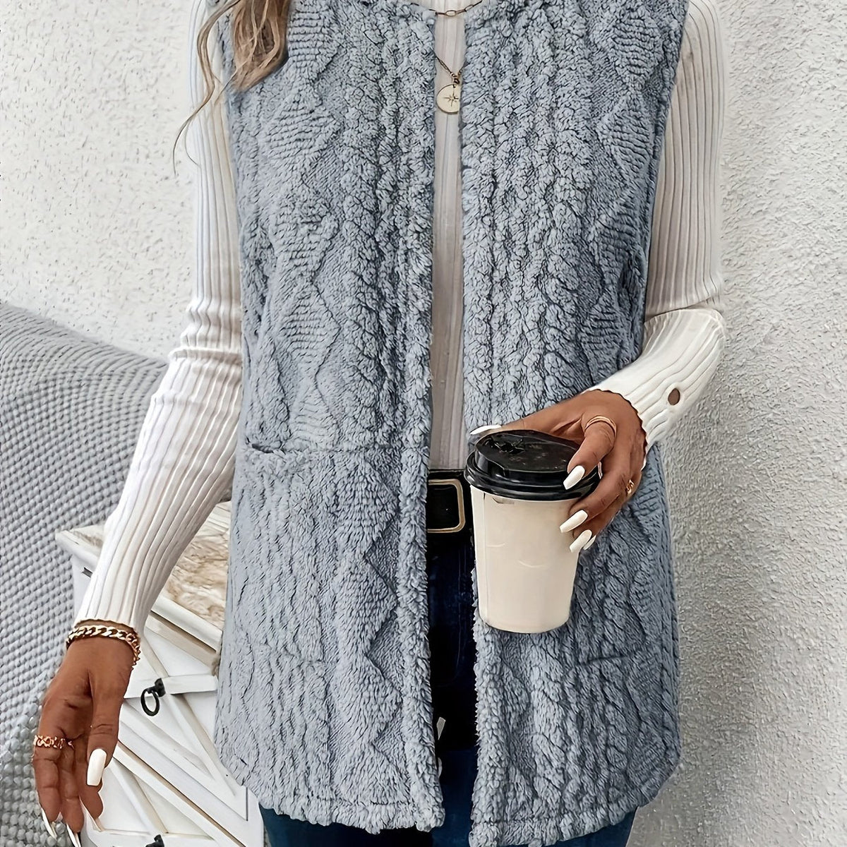 Fleece Vest Women's Sleeveless with Pockets Textured – Casual, Layering, Office, Gift