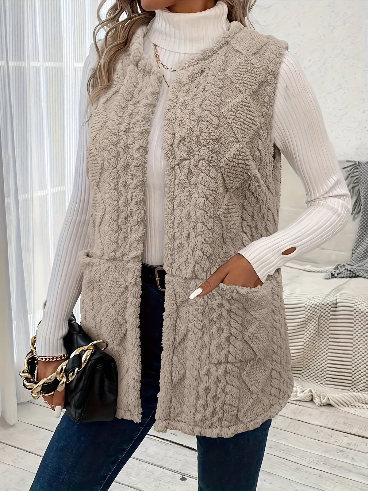 Fleece Vest Women's Sleeveless with Pockets Textured – Casual, Layering, Office, Gift