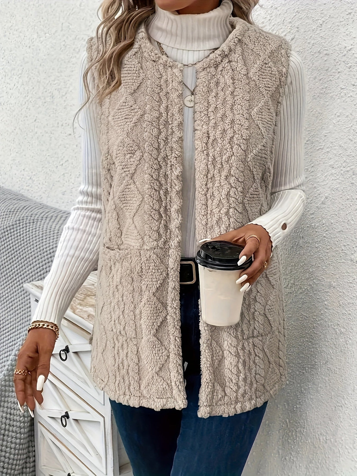Fleece Vest Women's Sleeveless with Pockets Textured – Casual, Layering, Office, Gift