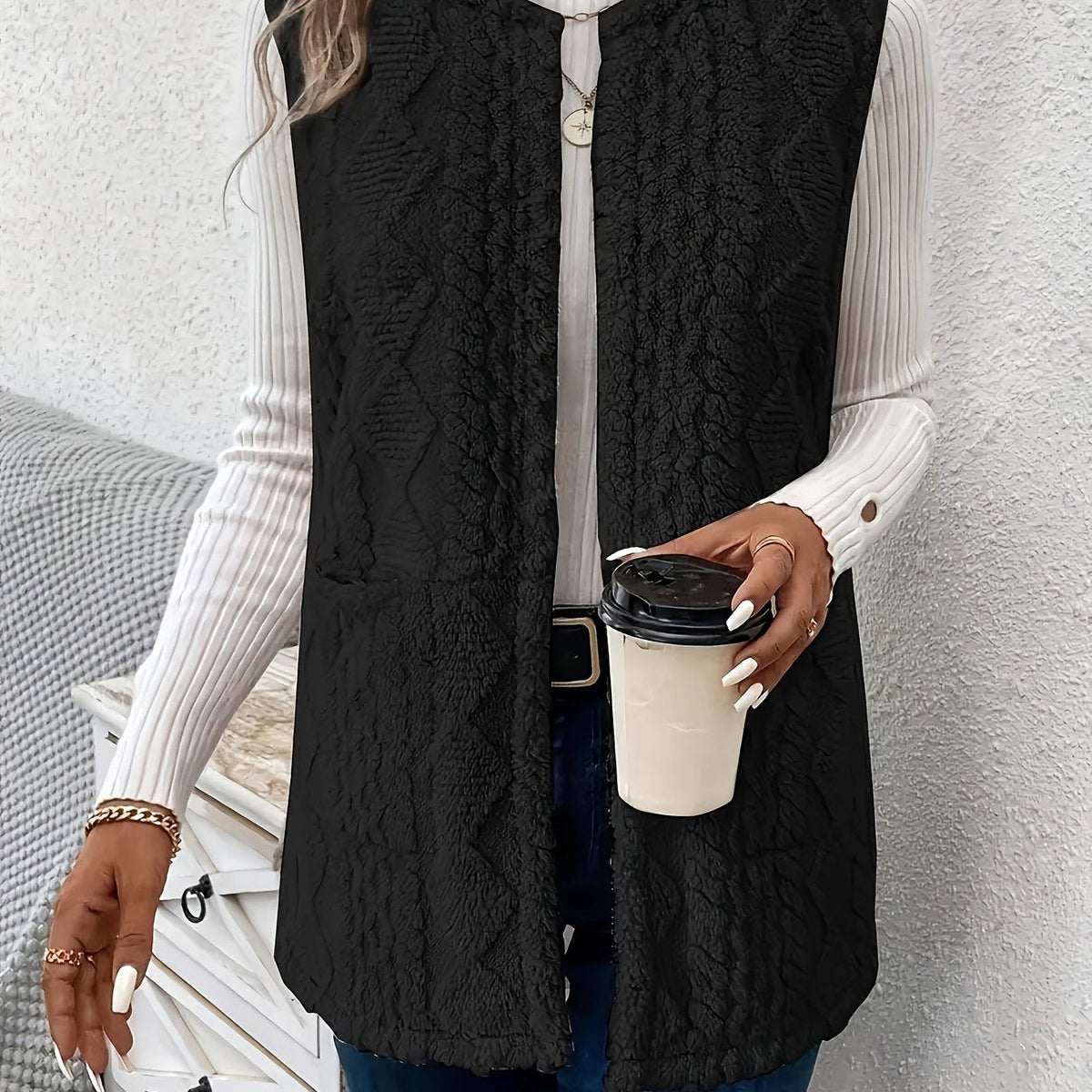Fleece Vest Women's Sleeveless with Pockets Textured – Casual, Layering, Office, Gift