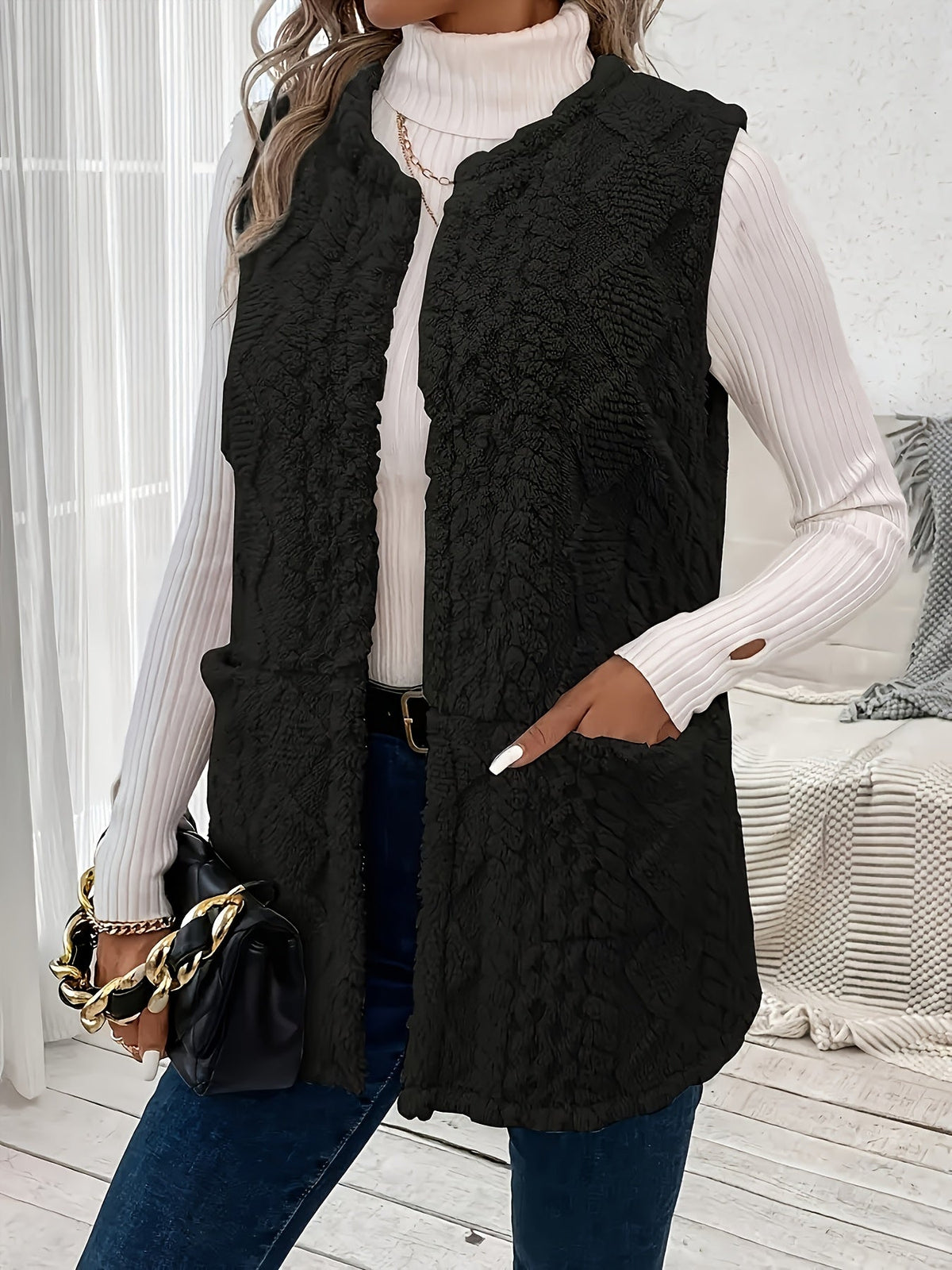Fleece Vest Women's Sleeveless with Pockets Textured – Casual, Layering, Office, Gift