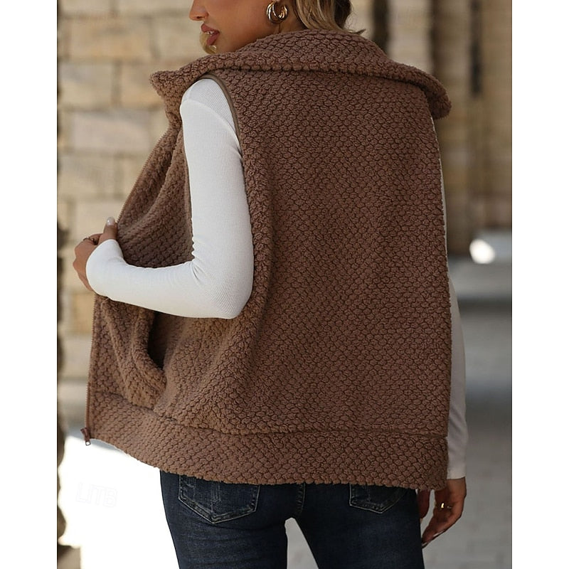 Fleece Vest Women's Sleeveless Zip-Up Textured Sherpa with Pockets Brown – Casual, Office, Gift