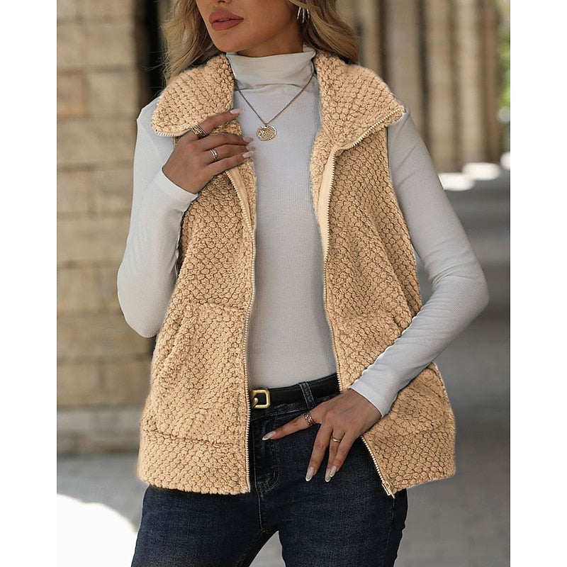 Fleece Vest Women's Sleeveless Zip-Up Textured Sherpa with Pockets Brown – Casual, Office, Gift