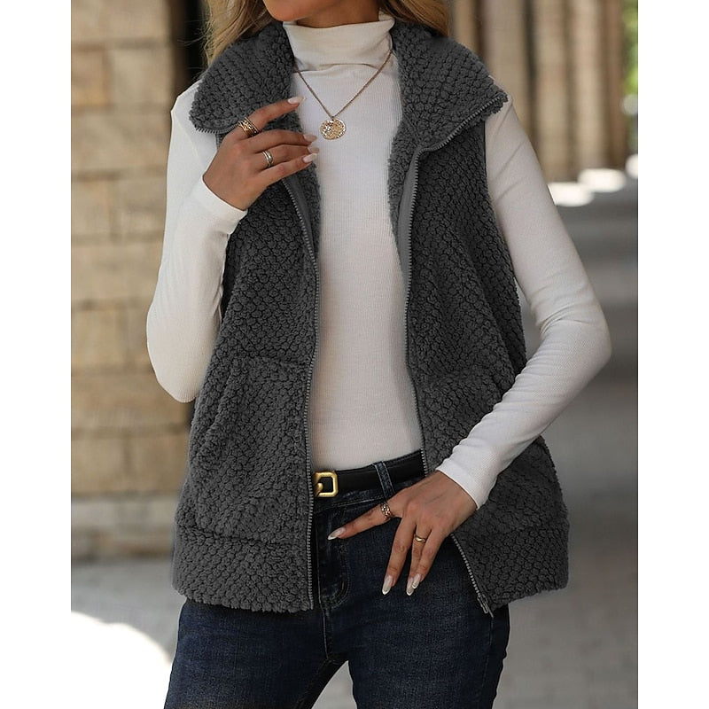 Fleece Vest Women's Sleeveless Zip-Up Textured Sherpa with Pockets Brown – Casual, Office, Gift