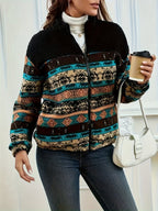 Fleece Zip Jacket Women's Aztec Print Long Sleeve Stand Collar – Casual, Fall Layering Gift