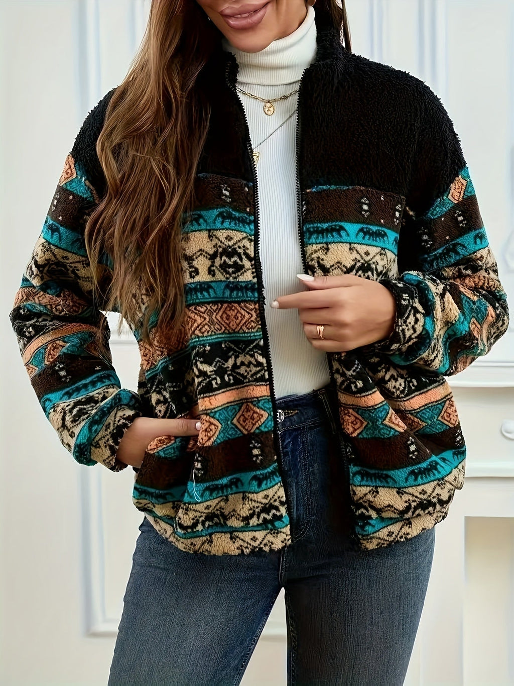Fleece Zip Jacket Women's Aztec Print Long Sleeve Stand Collar – Casual, Fall Layering Gift
