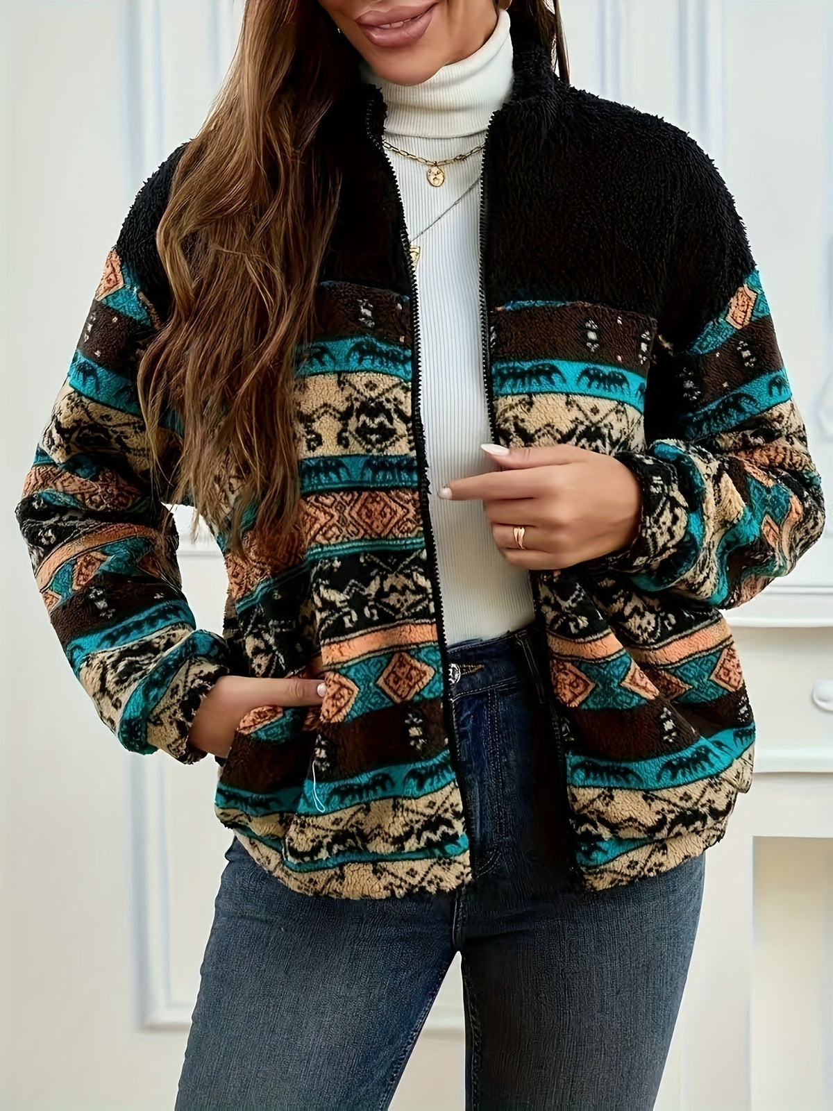 Fleece Zip Jacket Women's Aztec Print Long Sleeve Stand Collar – Casual, Fall Layering Gift