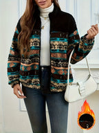 Fleece Zip Jacket Women's Aztec Print Long Sleeve Stand Collar – Casual, Fall Layering Gift
