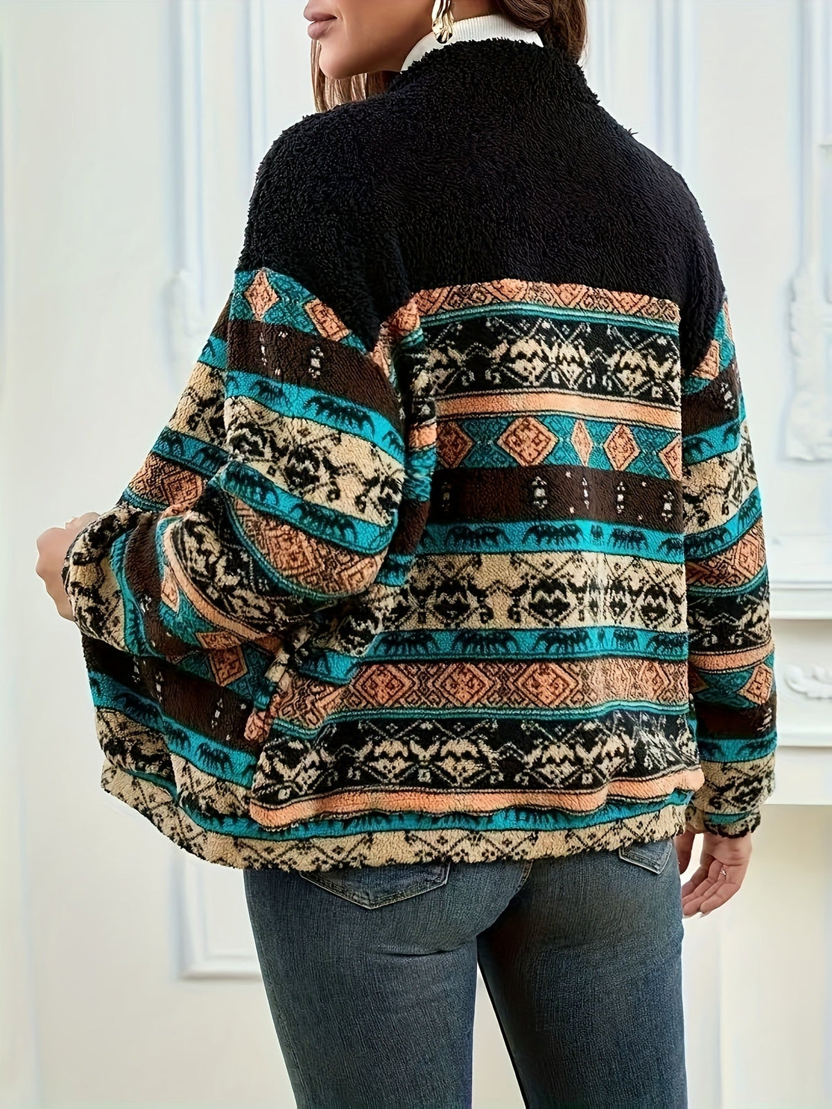 Fleece Zip Jacket Women's Aztec Print Long Sleeve Stand Collar – Casual, Fall Layering Gift