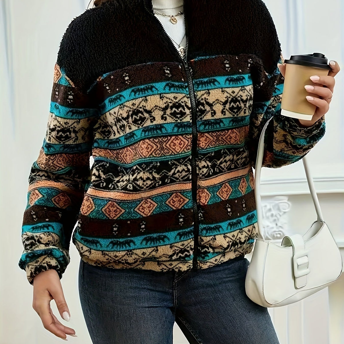 Fleece Zip Jacket Women's Aztec Print Long Sleeve Stand Collar – Casual, Fall Layering Gift