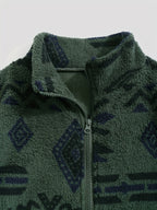 Fleece Zip-Up Jacket Aztec Geometric Print Stand Collar Sherpa Coat – Casual, Winter, Holiday, Gift