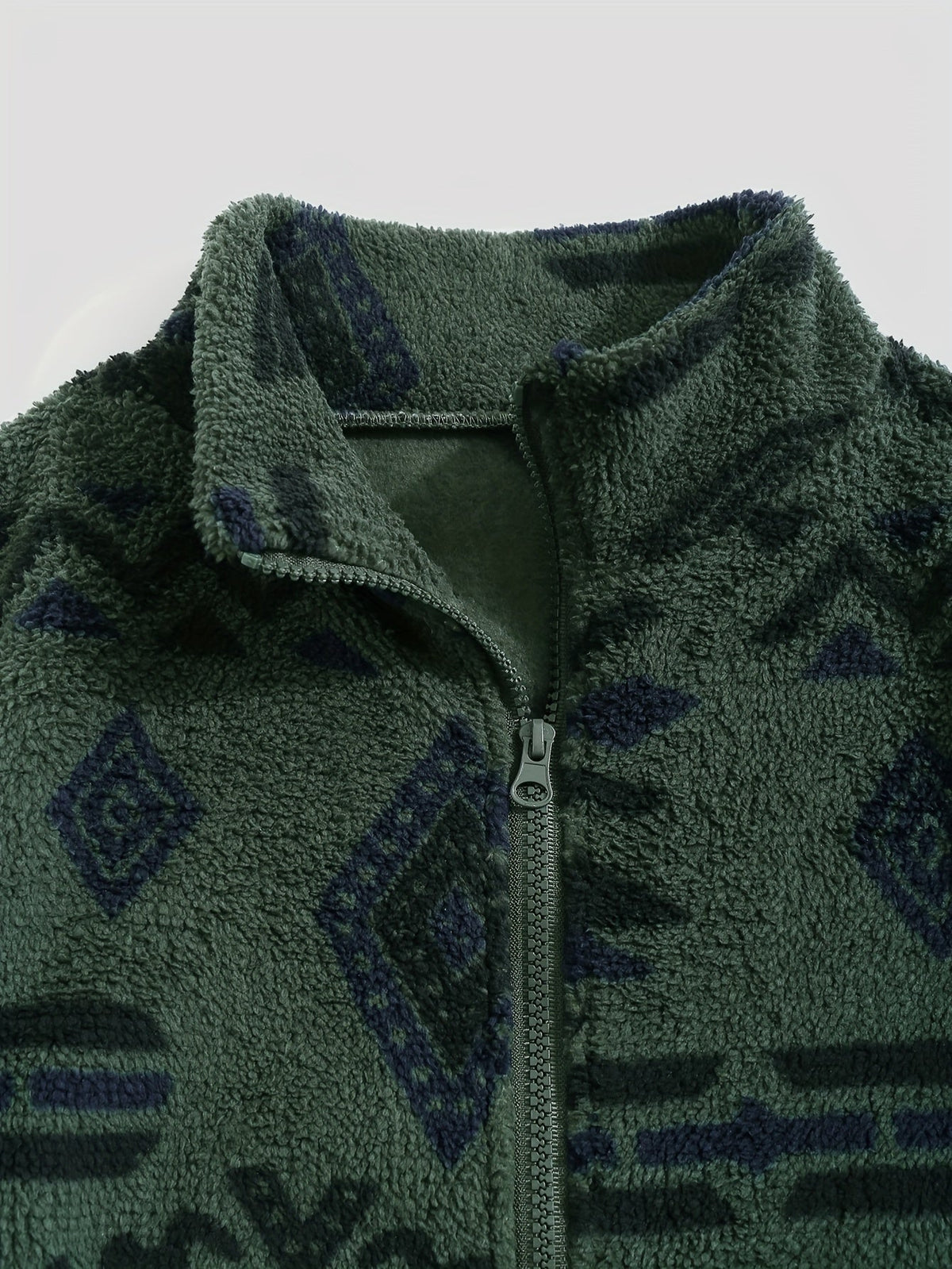 Fleece Zip-Up Jacket Aztec Geometric Print Stand Collar Sherpa Coat – Casual, Winter, Holiday, Gift
