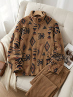 Fleece Zip-Up Jacket Aztec Geometric Print Stand Collar Sherpa Coat – Casual, Winter, Holiday, Gift