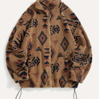Fleece Zip-Up Jacket Aztec Geometric Print Stand Collar Sherpa Coat – Casual, Winter, Holiday, Gift