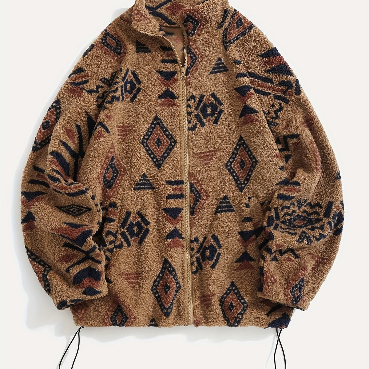 Fleece Zip-Up Jacket Aztec Geometric Print Stand Collar Sherpa Coat – Casual, Winter, Holiday, Gift