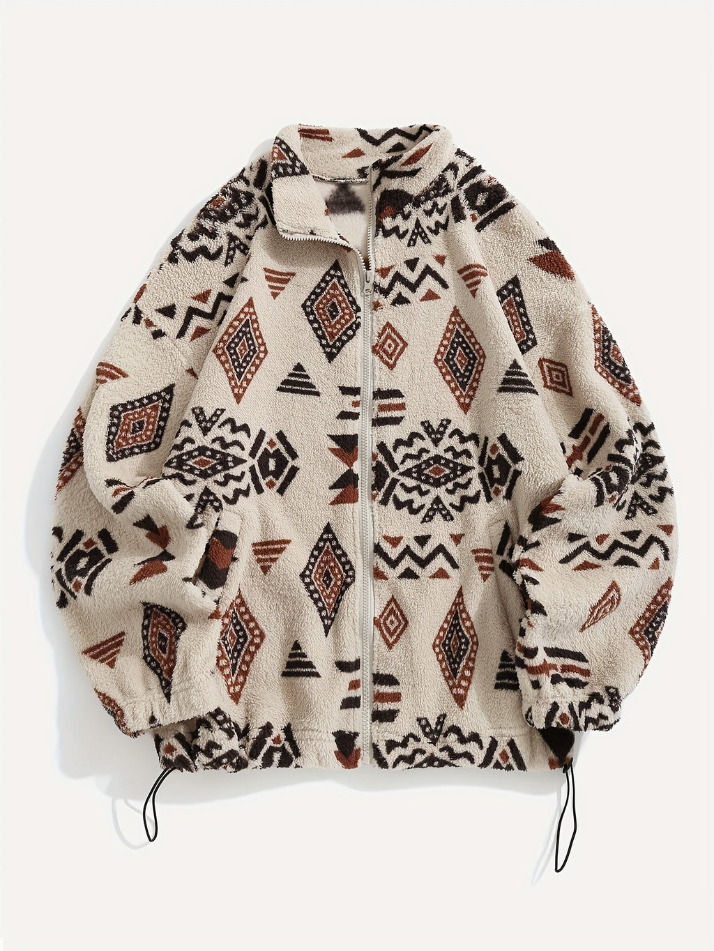 Fleece Zip-Up Jacket Aztec Geometric Print Stand Collar Sherpa Coat – Casual, Winter, Holiday, Gift