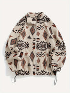Fleece Zip-Up Jacket Aztec Geometric Print Stand Collar Sherpa Coat – Casual, Winter, Holiday, Gift