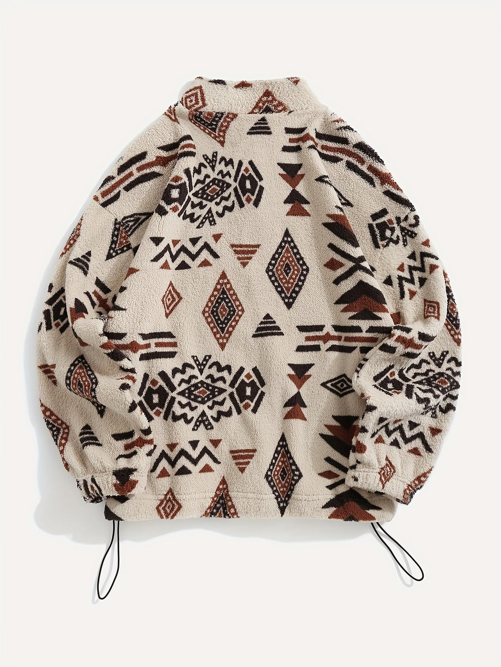 Fleece Zip-Up Jacket Aztec Geometric Print Stand Collar Sherpa Coat – Casual, Winter, Holiday, Gift