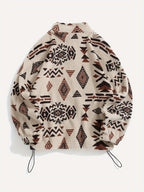 Fleece Zip-Up Jacket Aztec Geometric Print Stand Collar Sherpa Coat – Casual, Winter, Holiday, Gift