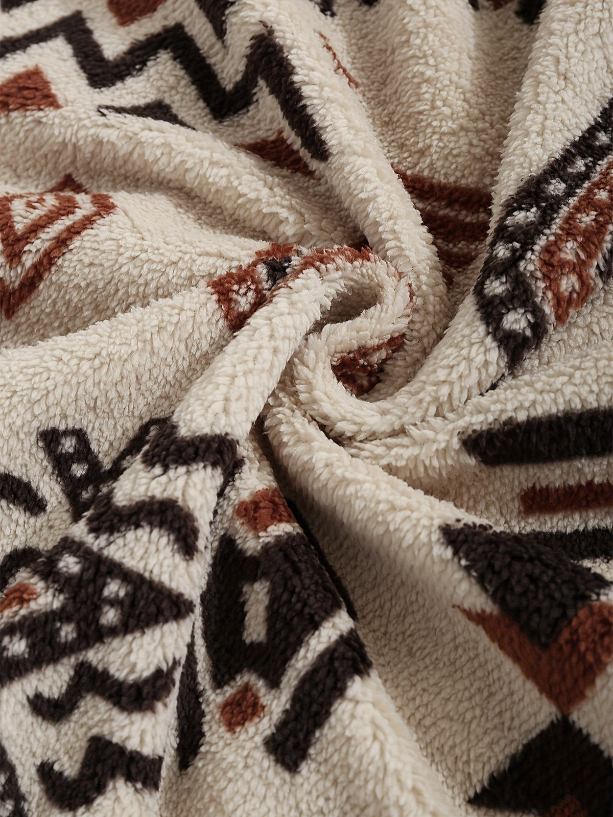 Fleece Zip-Up Jacket Aztec Geometric Print Stand Collar Sherpa Coat – Casual, Winter, Holiday, Gift