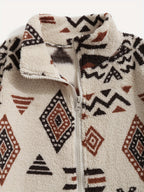 Fleece Zip-Up Jacket Aztec Geometric Print Stand Collar Sherpa Coat – Casual, Winter, Holiday, Gift