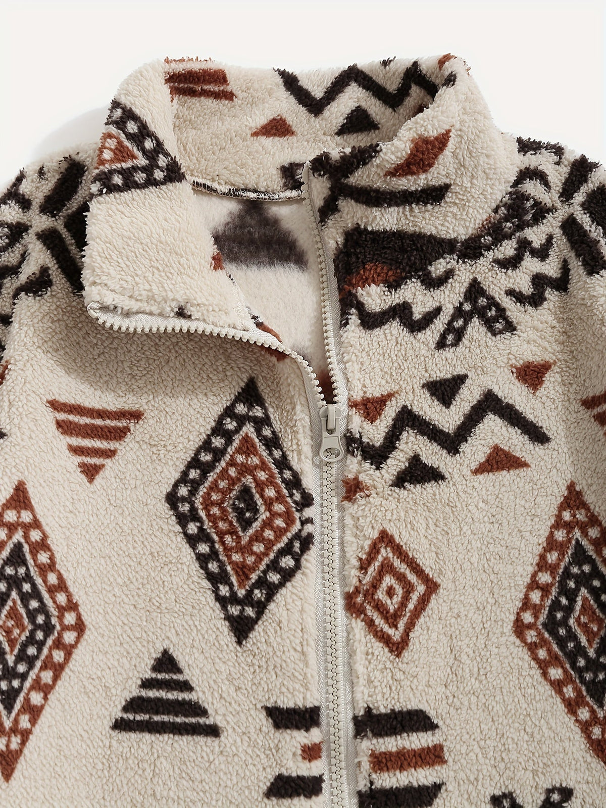 Fleece Zip-Up Jacket Aztec Geometric Print Stand Collar Sherpa Coat – Casual, Winter, Holiday, Gift