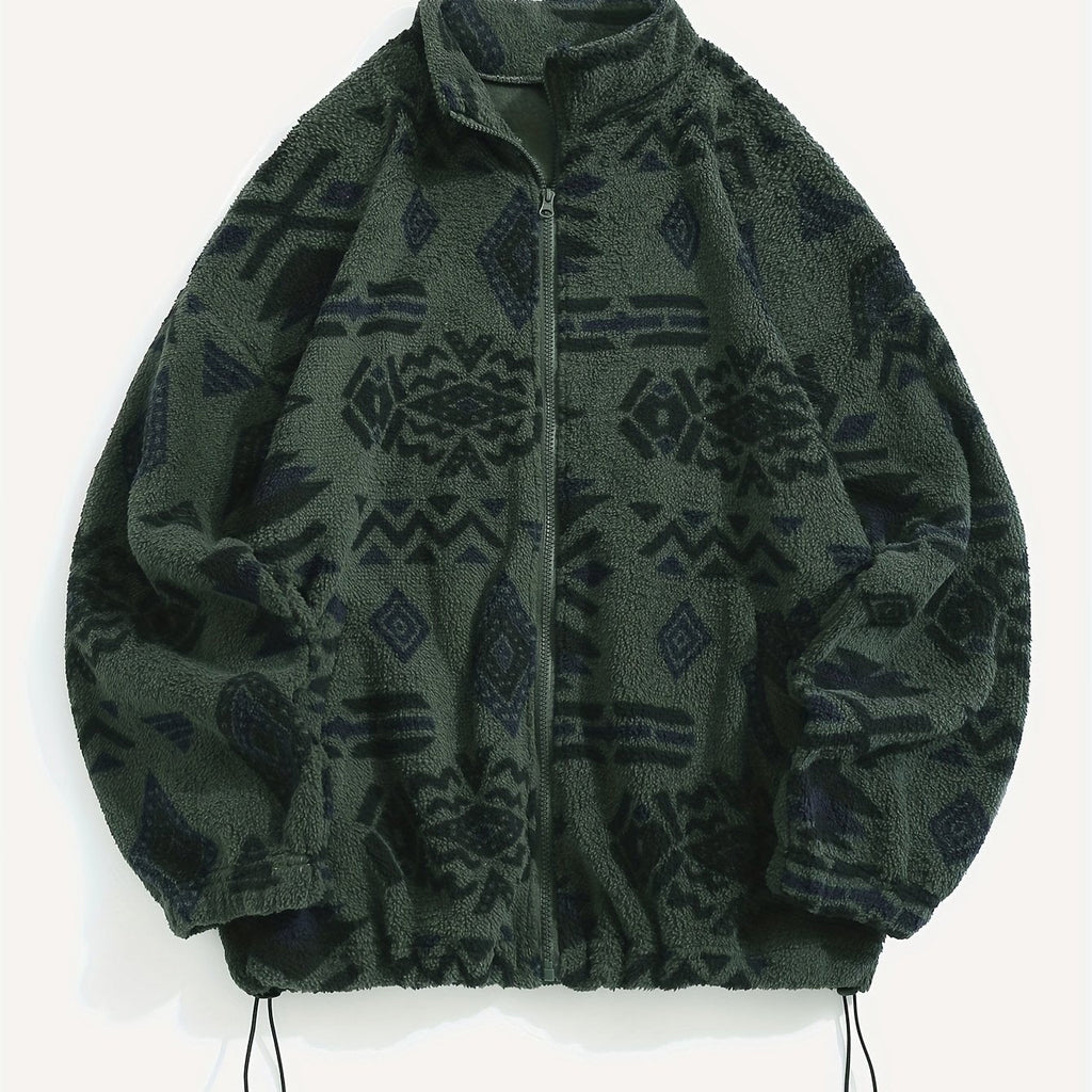 Fleece Zip-Up Jacket Aztec Geometric Print Stand Collar Sherpa Coat – Casual, Winter, Holiday, Gift
