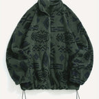Fleece Zip-Up Jacket Aztec Geometric Print Stand Collar Sherpa Coat – Casual, Winter, Holiday, Gift