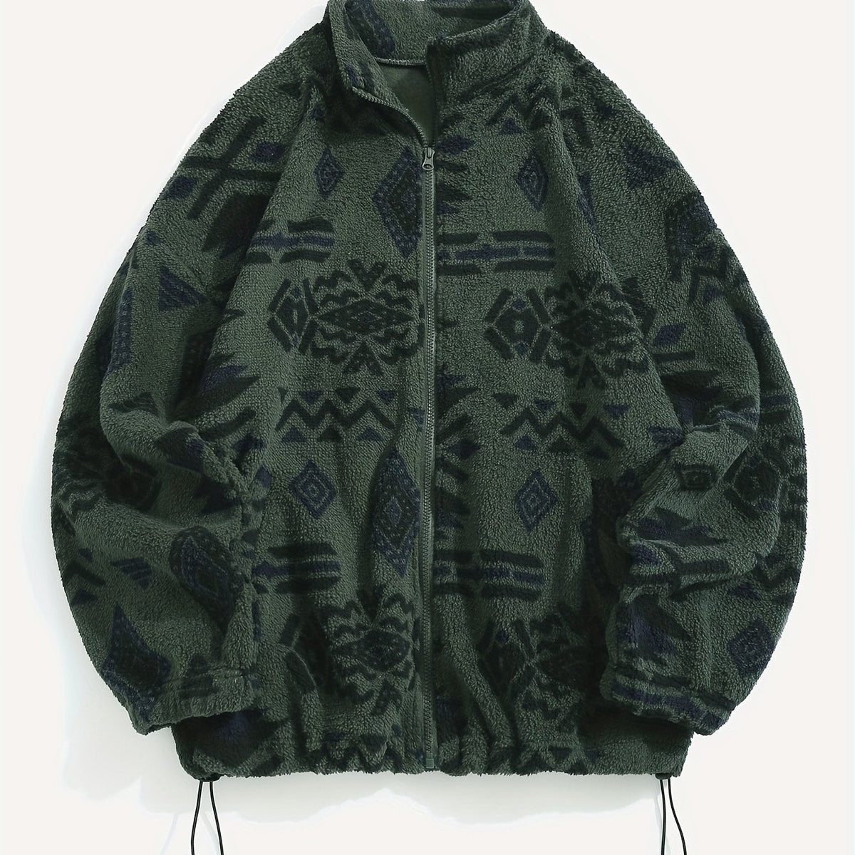 Fleece Zip-Up Jacket Aztec Geometric Print Stand Collar Sherpa Coat – Casual, Winter, Holiday, Gift