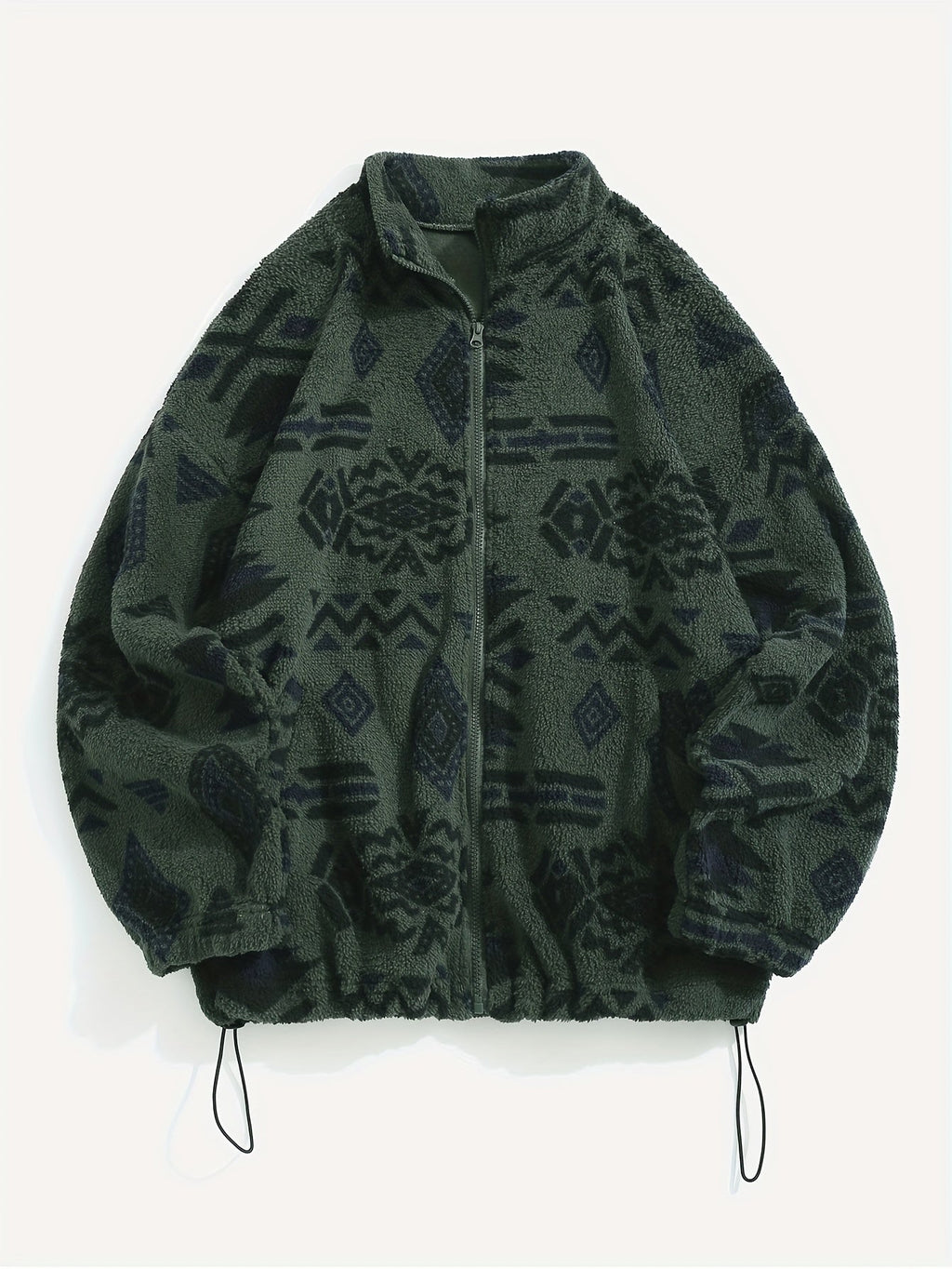 Fleece Zip-Up Jacket Aztec Geometric Print Stand Collar Sherpa Coat – Casual, Winter, Holiday, Gift