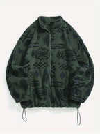 Fleece Zip-Up Jacket Aztec Geometric Print Stand Collar Sherpa Coat – Casual, Winter, Holiday, Gift