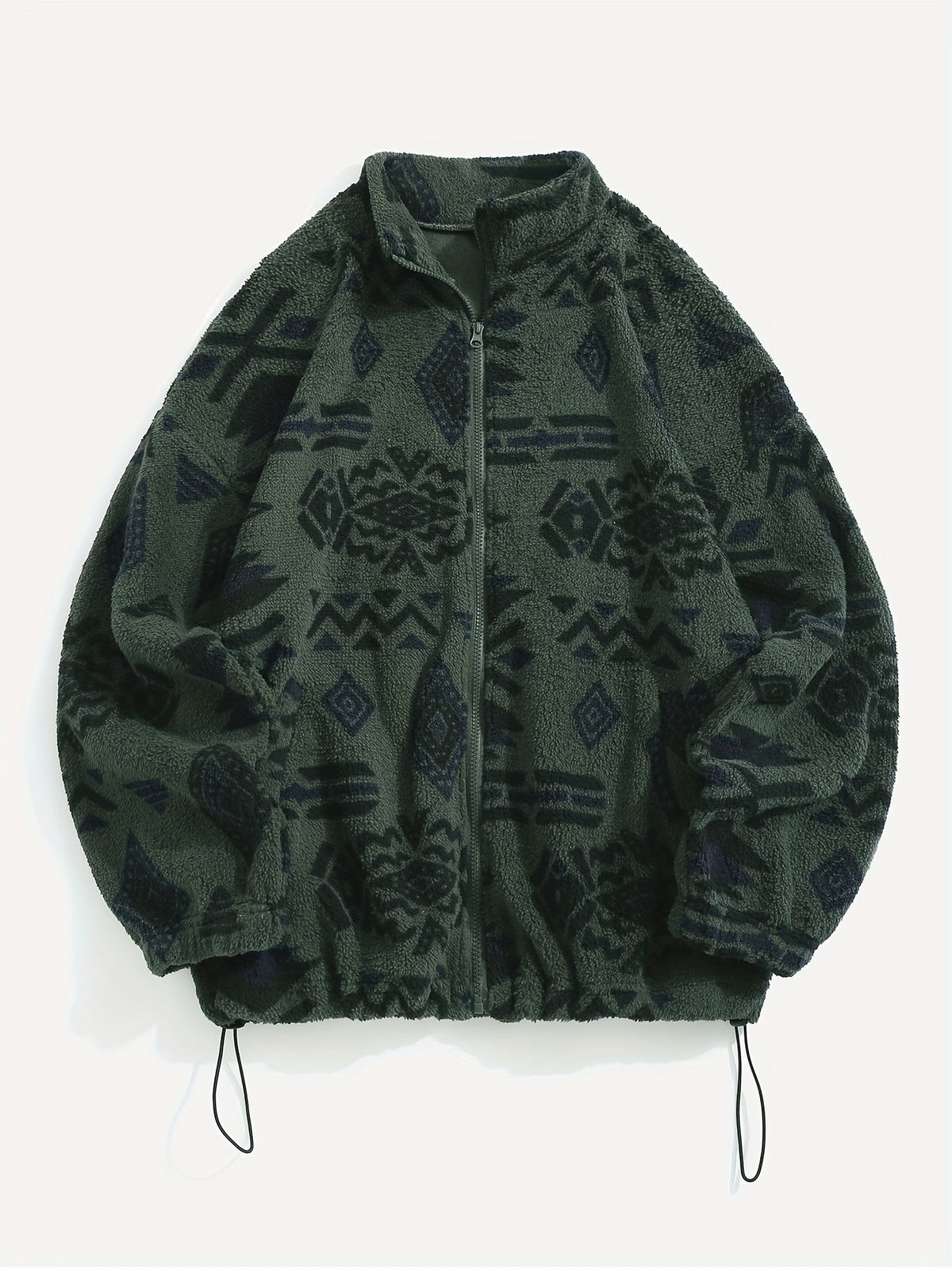 Fleece Zip-Up Jacket Aztec Geometric Print Stand Collar Sherpa Coat – Casual, Winter, Holiday, Gift