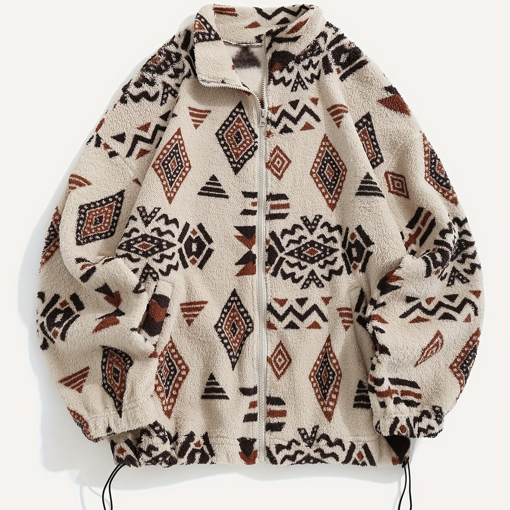 Fleece Zip-Up Jacket Aztec Geometric Print Stand Collar Sherpa Coat – Casual, Winter, Holiday, Gift