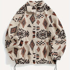 Fleece Zip-Up Jacket Aztec Geometric Print Stand Collar Sherpa Coat – Casual, Winter, Holiday, Gift