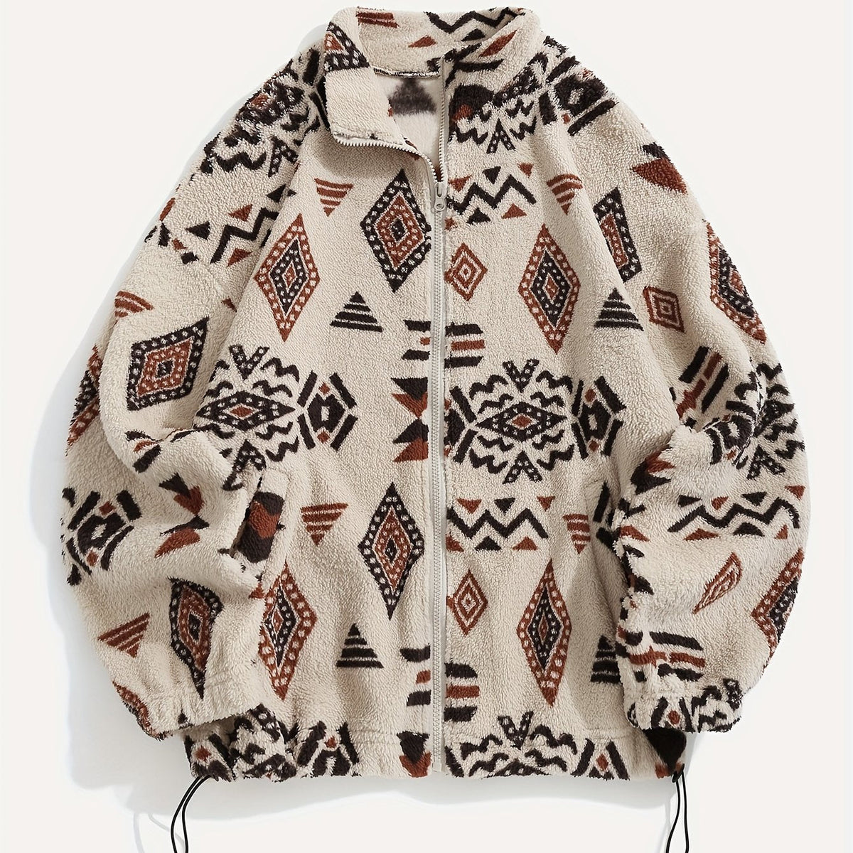 Fleece Zip-Up Jacket Aztec Geometric Print Stand Collar Sherpa Coat – Casual, Winter, Holiday, Gift