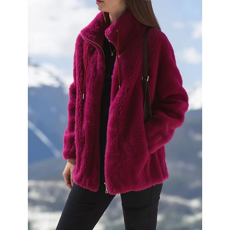 Fleece Zip-Up Jacket Women's Stand Collar Drawstring Fuzzy Coat – Casual, Winter Outdoor Warm Fashion