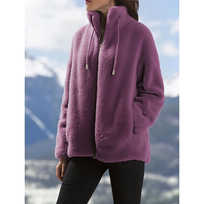 Fleece Zip-Up Jacket Women's Stand Collar Drawstring Fuzzy Coat – Casual, Winter Outdoor Warm Fashion