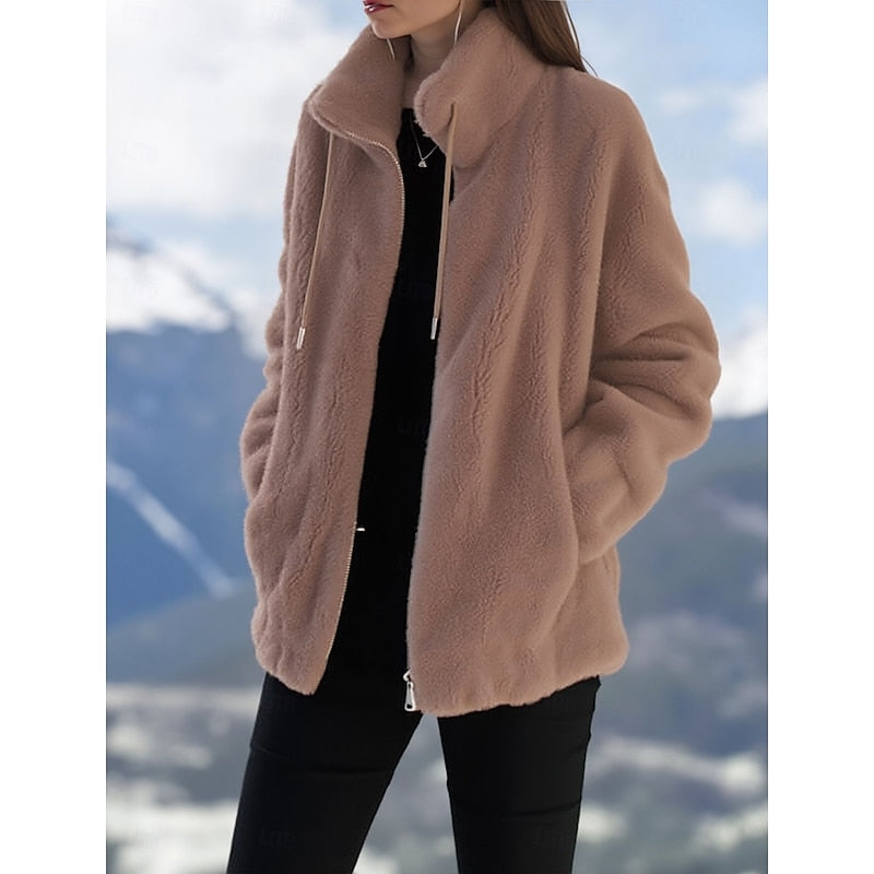 Fleece Zip-Up Jacket Women's Stand Collar Drawstring Fuzzy Coat – Casual, Winter Outdoor Warm Fashion