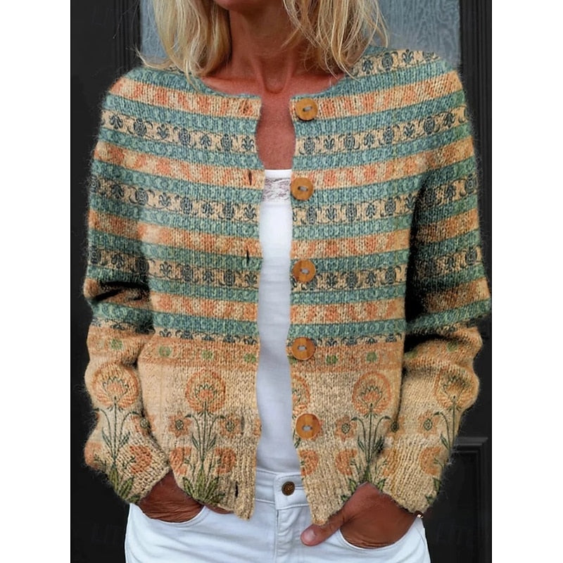 Floral Button-Front Cardigan Women's Long Sleeve Round Neck Knit Jacket – Casual, Office, Gift