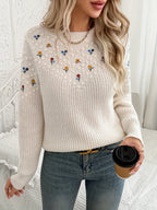 Floral Embroidered Knit Sweater Women's Long Sleeve Crew Neck Pullover – Casual, Office, Fall Gift