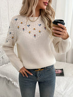 Floral Embroidered Knit Sweater Women's Long Sleeve Crew Neck Pullover – Casual, Office, Fall Gift