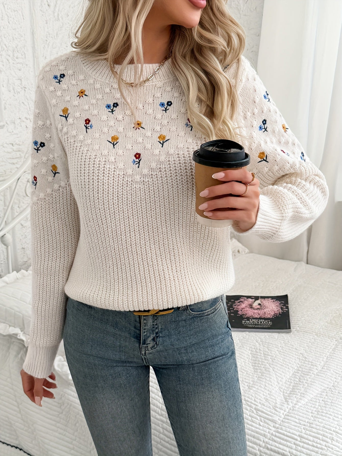 Floral Embroidered Knit Sweater Women's Long Sleeve Crew Neck Pullover – Casual, Office, Fall Gift