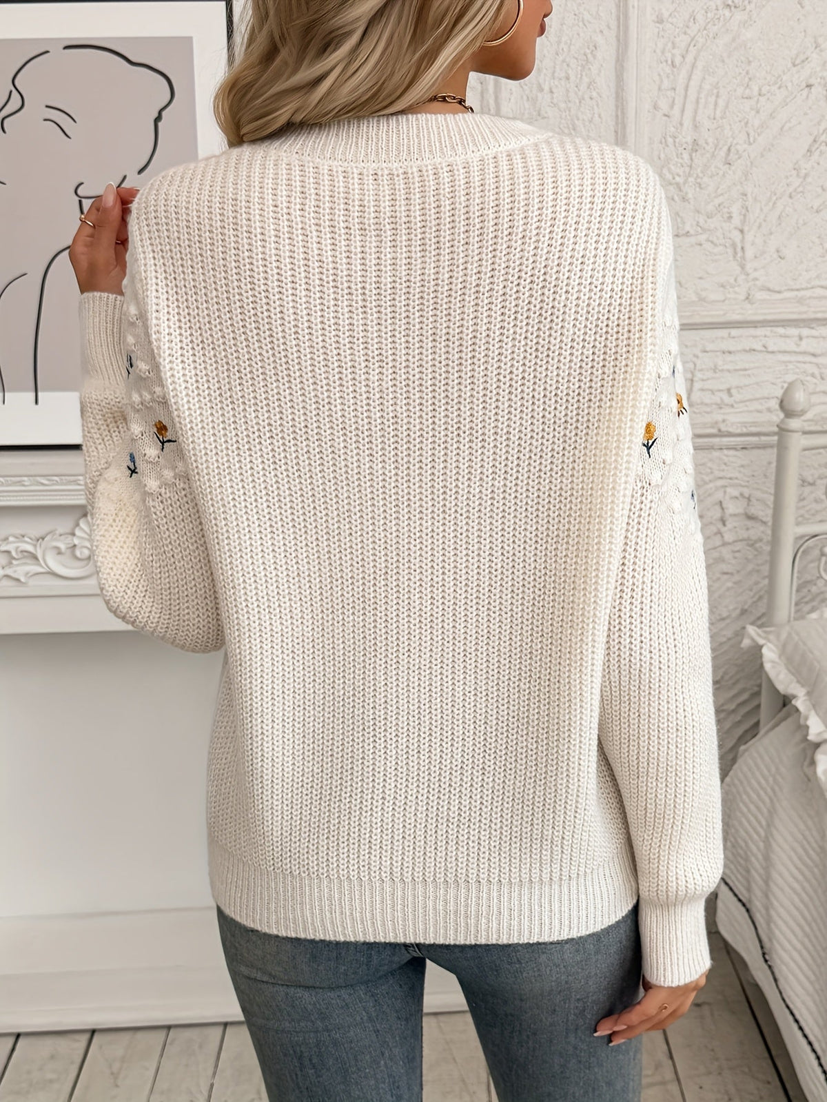 Floral Embroidered Knit Sweater Women's Long Sleeve Crew Neck Pullover – Casual, Office, Fall Gift