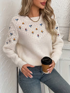 Floral Embroidered Knit Sweater Women's Long Sleeve Crew Neck Pullover – Casual, Office, Fall Gift