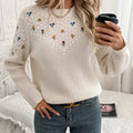 Floral Embroidered Knit Sweater Women's Long Sleeve Crew Neck Pullover – Casual, Office, Fall Gift
