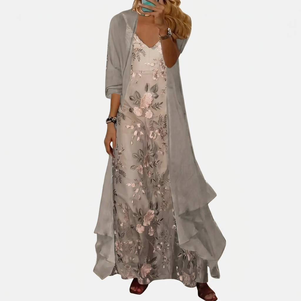 Floral Maxi Dress Two-Piece Set Women's Sage Green Chiffon V-Neck – Casual, Holiday, Office, Gift