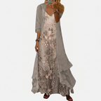 Floral Maxi Dress Two-Piece Set Women's Sage Green Chiffon V-Neck – Casual, Holiday, Office, Gift